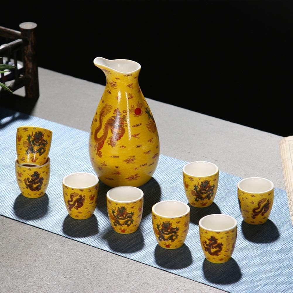 Tea set wine glass, Japanese Sake Set, Sake Cup Set，Sake Bottle Crafts Cup，Sake Pot and Sake Cup， Japanese Sake Set 9 Piece Japanese Sake Set Yellow Colorful Dragon Ceramic Retro Crafts Traditional Ha