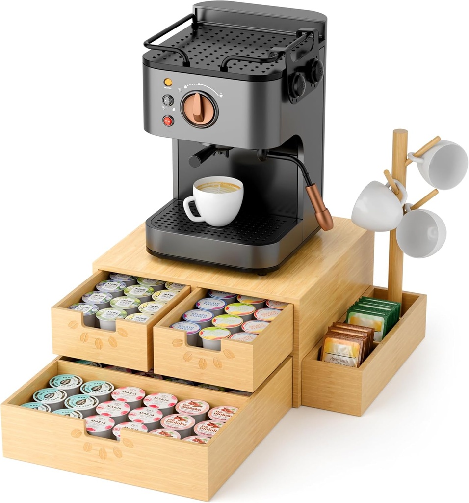 Coffee Pod Drawer, Wooden K Cup Holder with Tree Shape Mug Holder and Side Storage Box, 2-Tier K Pod Drawer Coffee Maker Machine Stand(80 Kcups+60 Tea Bags Capacity)