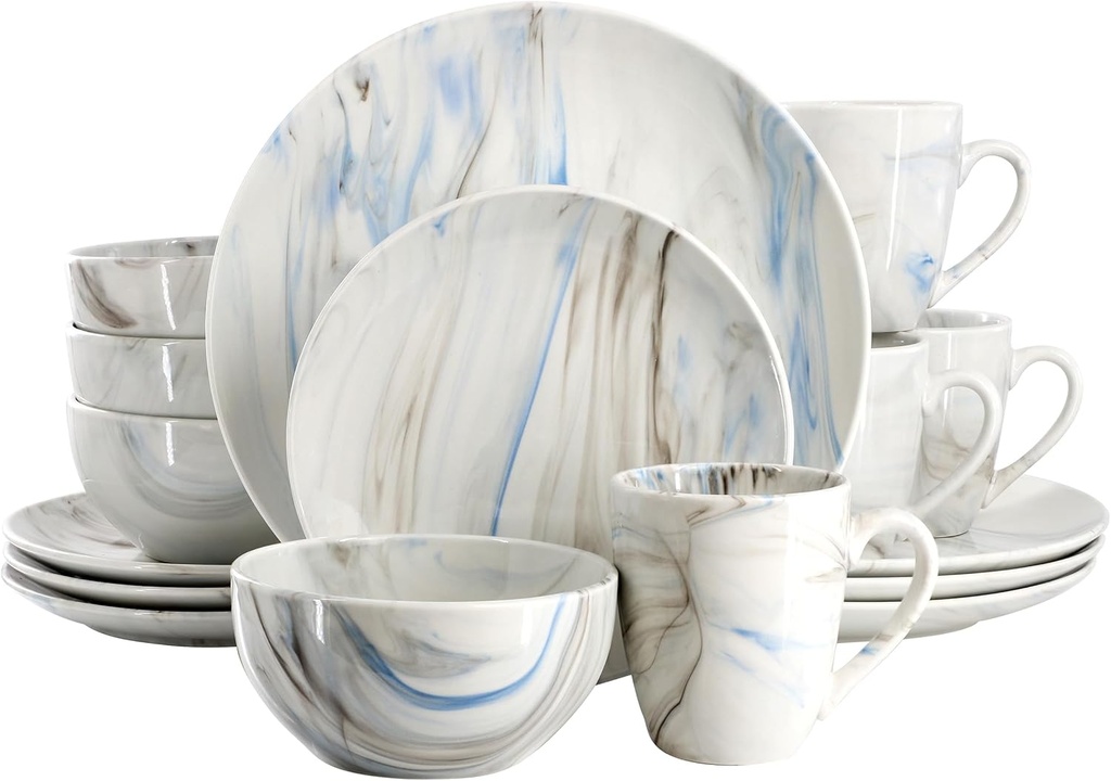 Elama Fine Marble 16 Piece Porcelain Dinnerware Set, Tableware Set, Everyday Dining, Service for 4 (Blue/Gray)
