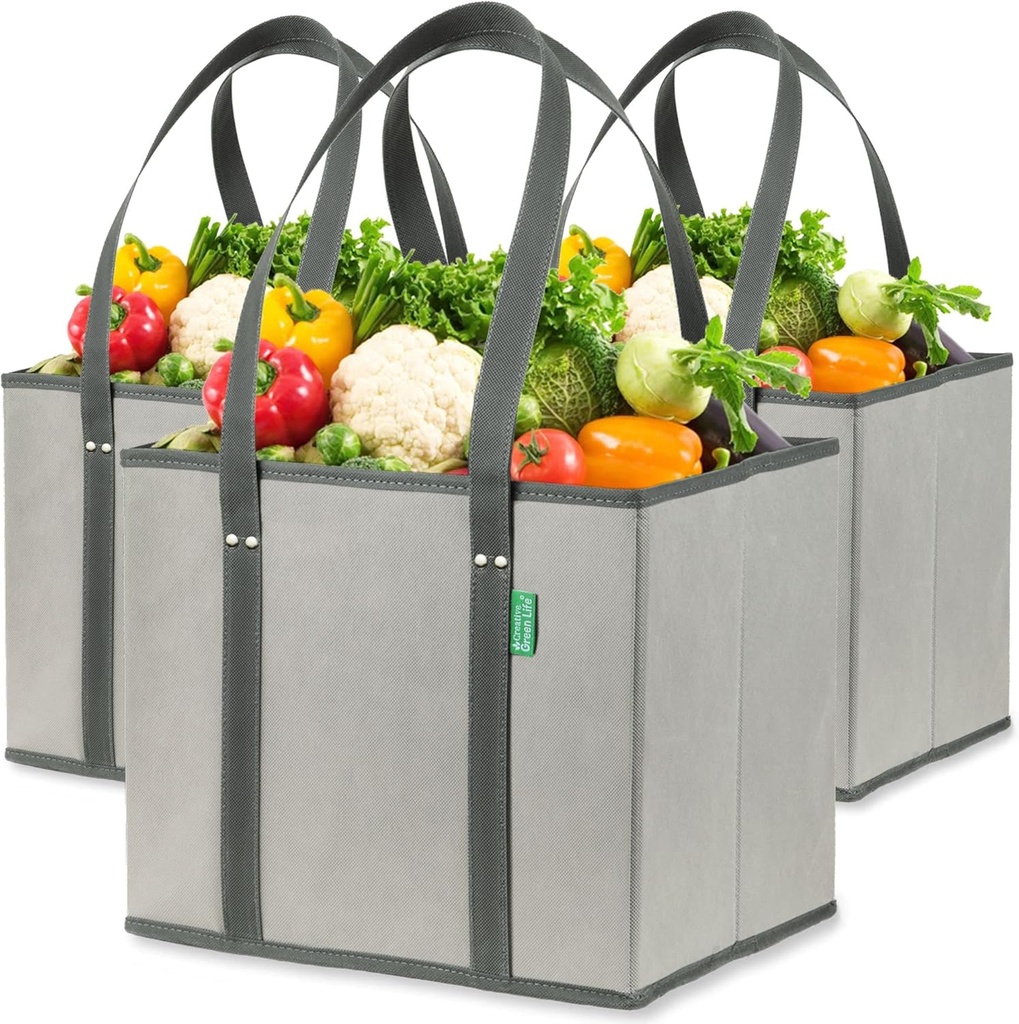 Creative Green Life Reusable Grocery Bags (3 Pack) – Heavy Duty Reusable Shopping Bags with Box Shape to Stand Up, Stay Open, Fold Flat – Large Tote Bags with Long Handles & Reinforced Bottom (Gray)