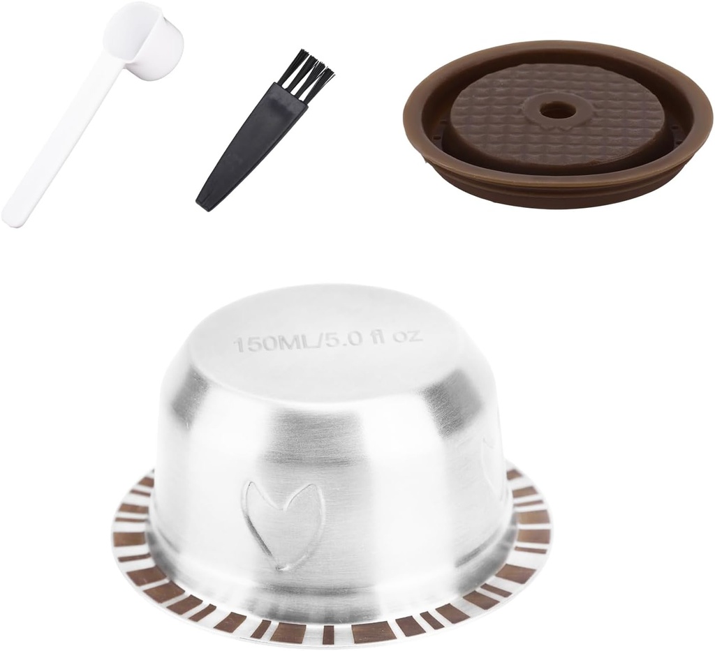 Reusable Pods for Nespresso Vertuo Machine, Stainless Steel Refillable Coffee Capsule Set with Silicone Lid, Spoon, Brush Coffee Accessories for Nespresso (80ml)