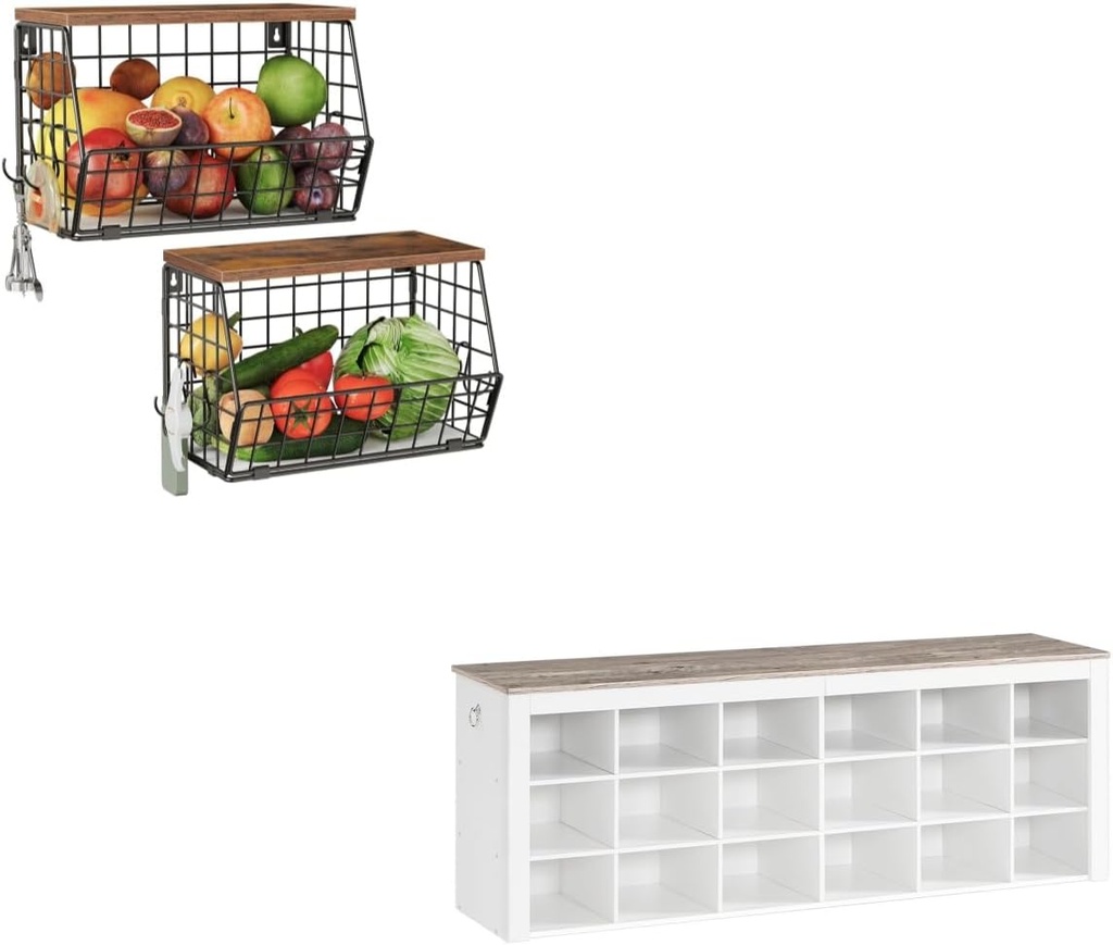 Fruit Basket for Kitchen and Shoe Bench Bundle, Stackable Hanging Basket Wire Baskets with Wooden Lid, 18-Cubby Shoe Storage Bench TCW02P2BF-MHX06WC