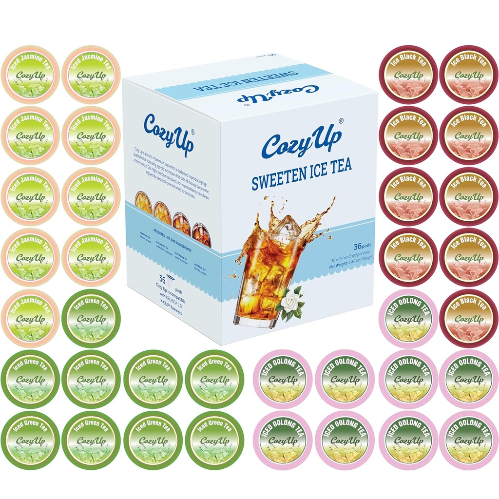 Cozy Up Iced Sweet Tea Variety Pack, 36 Count - Compatible with Keurig Brewers, Includes Sweetened Black, Green, Jasmine Green & Oolong Black Tea - Single Serve Pods for Brew Over Ice