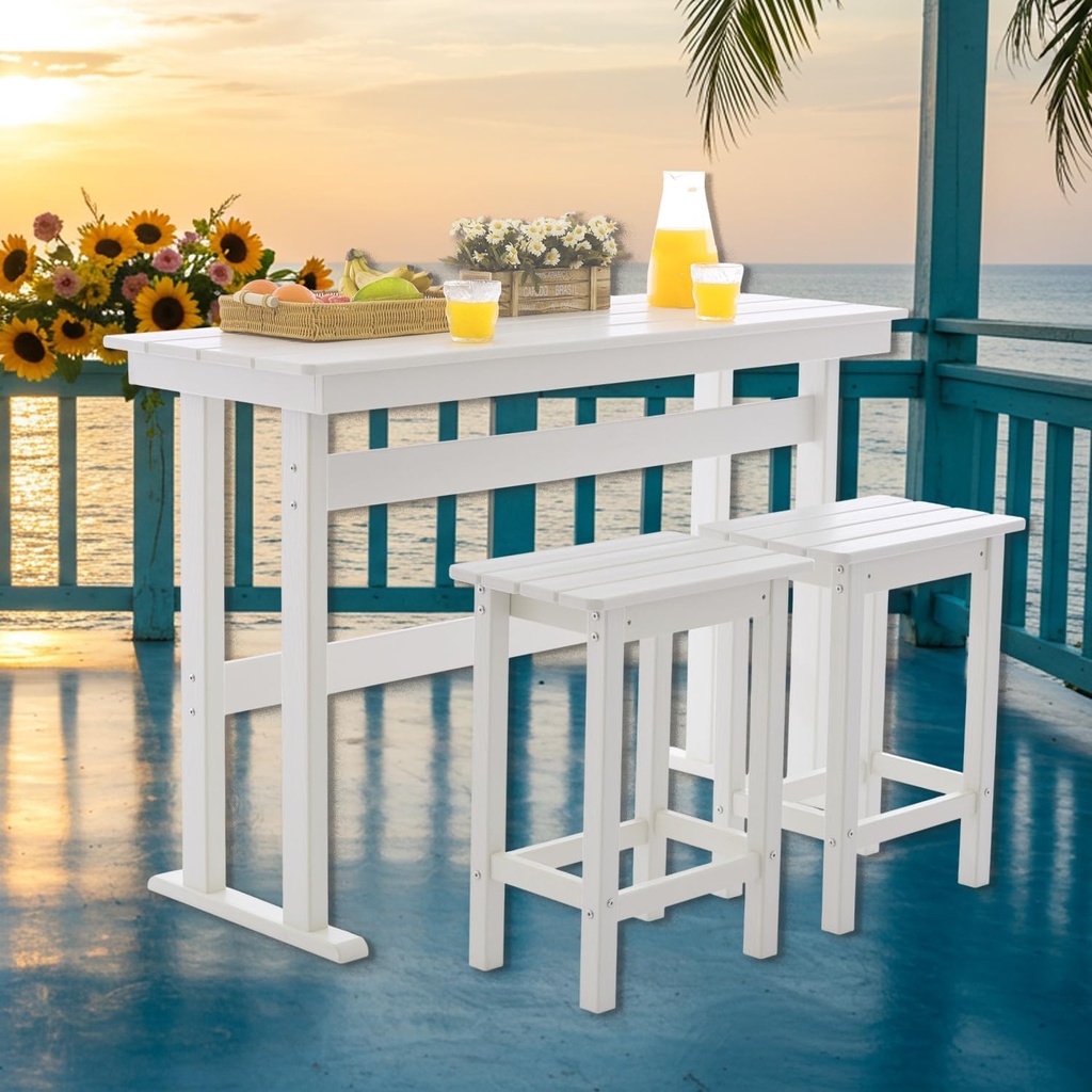3 Pcs HDPE Outdoor Bar Set of 2 Includes Bar Height Table and Chairs, Patio Bar Stools Set for Bistro, Poolside, Backyard, White