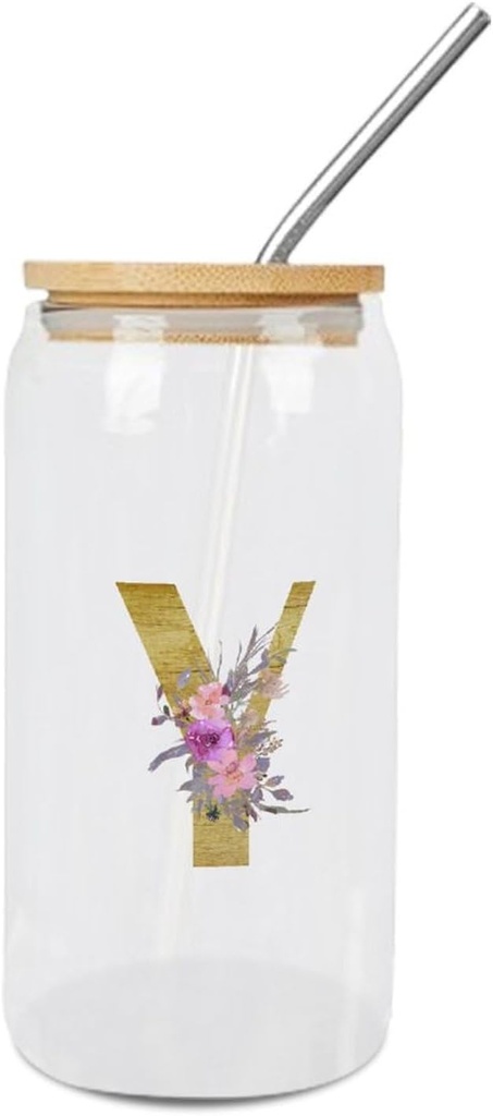 Glass Cups with Bamboo Lids And Straw 16 Oz, Wood Grain Purple Floral Initial Letter Y Iced Tea Glasses Drinking Glasses Set Tumbler Glass Can Coffee Cups, Drinking Glassware
