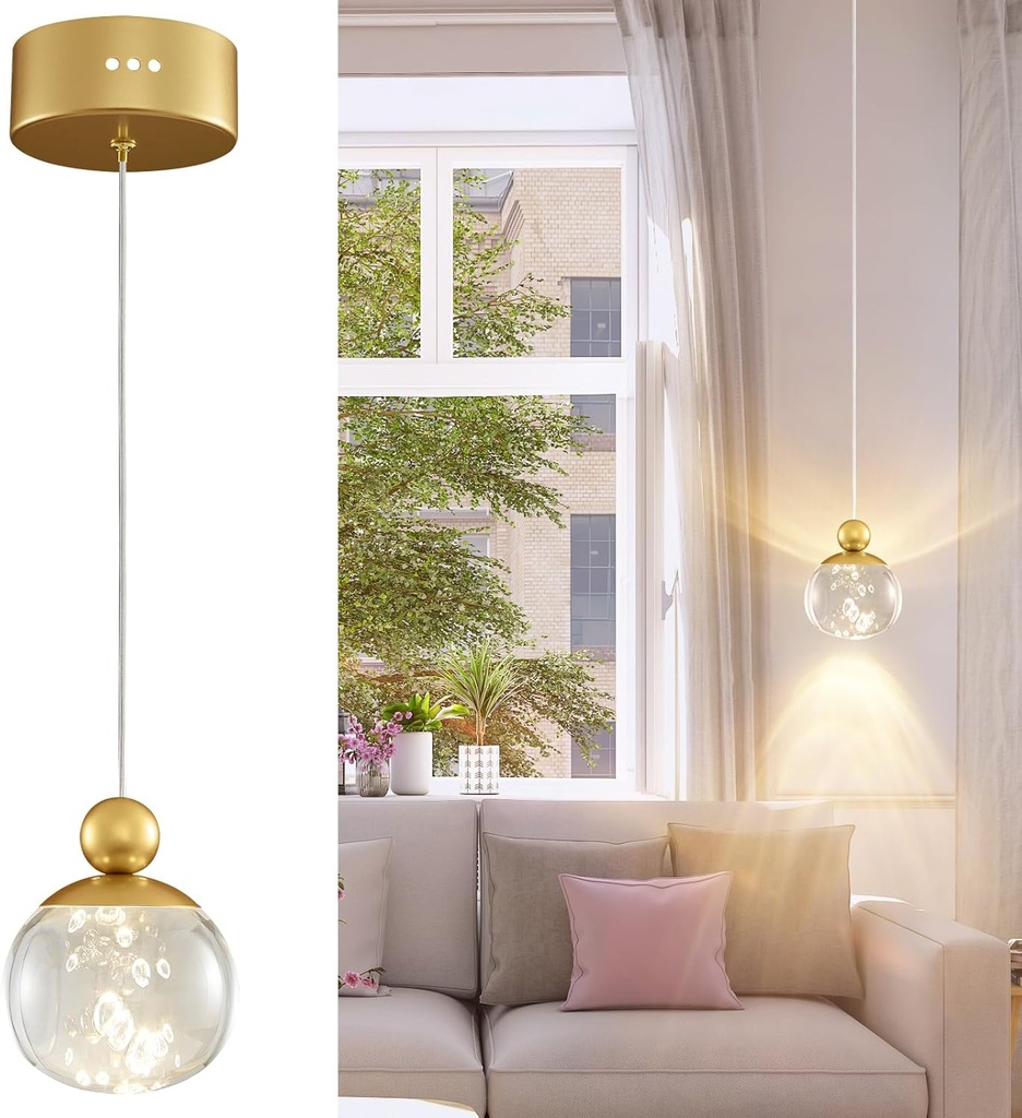 Modern Pendant Lighting,6W Dimmable LED Chandelier with Remote, Updated Acrylic Housing and Bubble Kitchen Light for Kitchen,Dining Room,Living Room,Corridor and Bar, 3000-6500K (Gold-D4.7in)