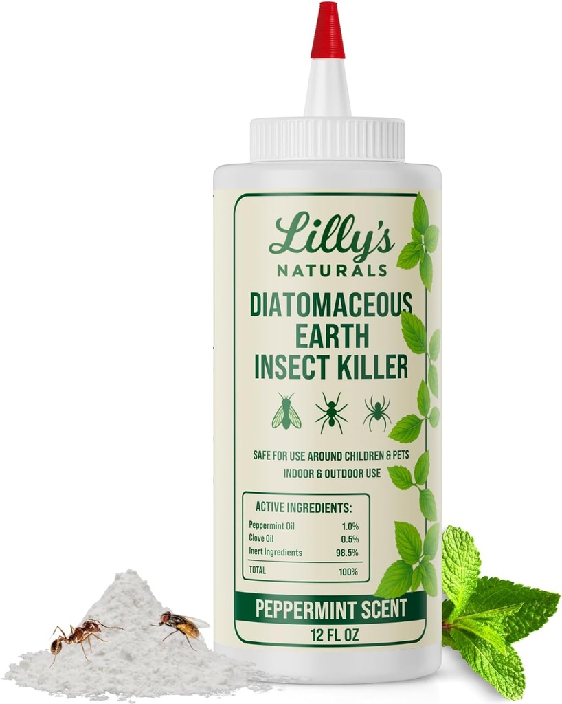 Diatomaceous Earth Food Grade with Peppermint Oil Crawling Insect Killer | Indoor Pest Control Powder for Bed Bug, Roach, Ant, Fleas | Lilly's naturals, 12 fl oz