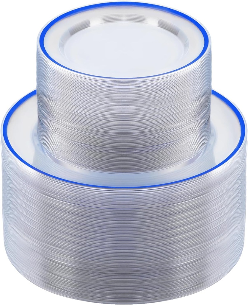200PCS Blue and Clear Plastic Plates, Blue Disposable Plate Set with 100 Dinner Plate and 100 Dessert Plates for Party, National Day