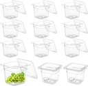 12 Pack Plastic Clear Food Pans with Lids 1/6 Size 6'' Deep Stackable Polycarbonate Food Containers with 2 Plastic Spoon Capacity Indicator for Beans Corns Fruits Vegetables