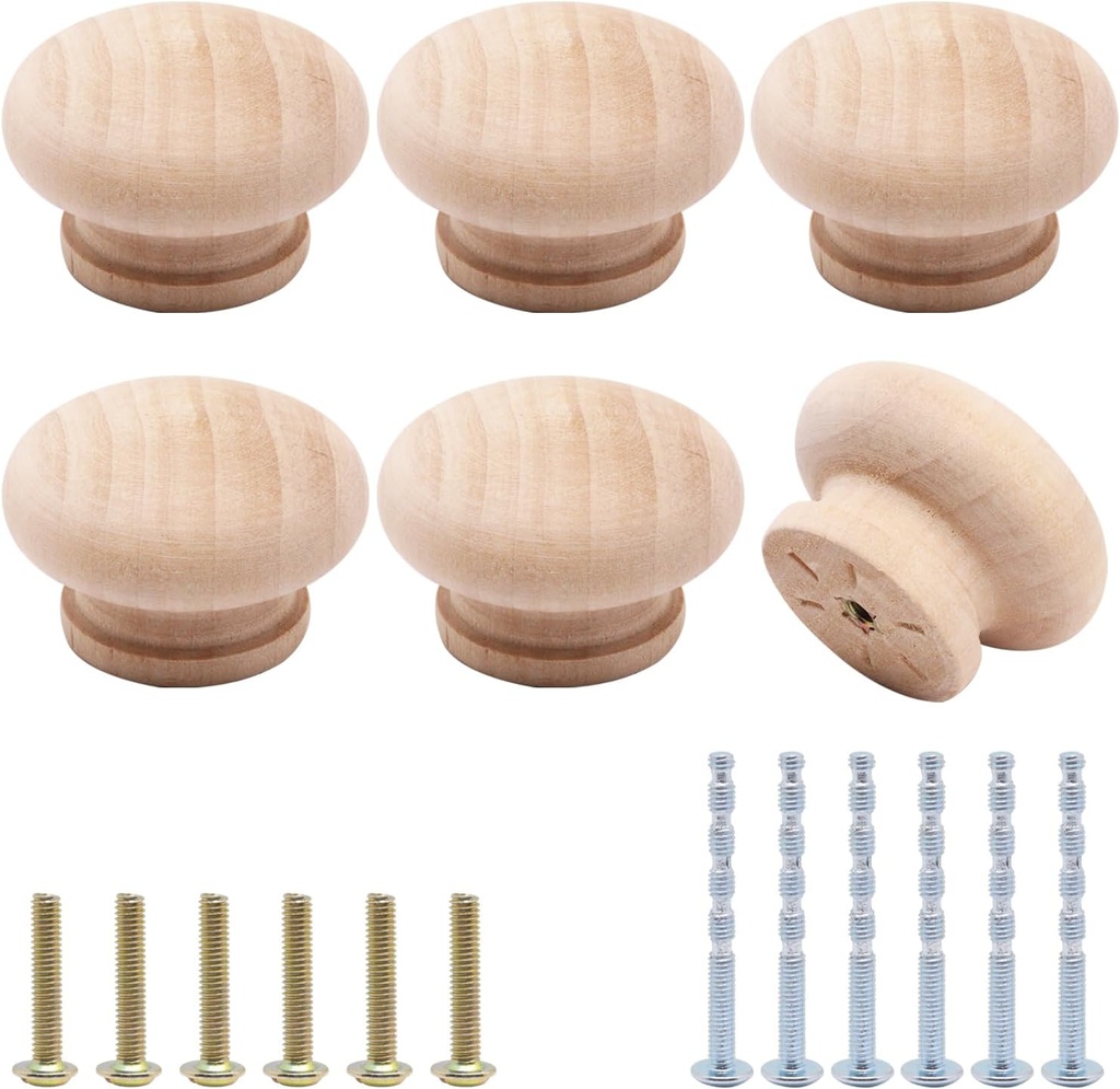6pcs Wooden Cabinet Knobs, Wood Dresser Knobs Kitchen Cabinet Knob Modern Round Knobs for Furniture Cupboard Dresser Drawer Closet Door (Natural Wood Unfinished, 45mm)
