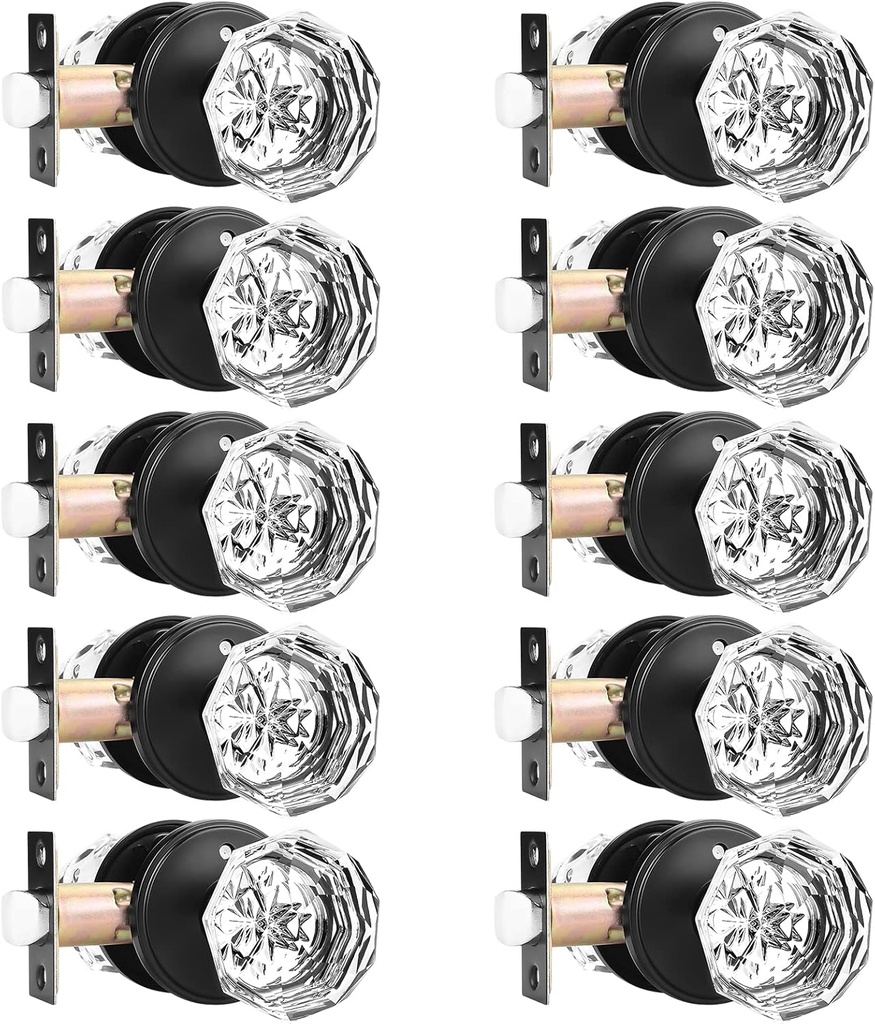 Orger 10 Pack Glass Door Knobs with Flat Black Rosette, Bath/Bed Door Knobs for Privacy Use, Keyless Interior Door Handles with Diamond Shape Crystal Glass and Zinc Alloy Base