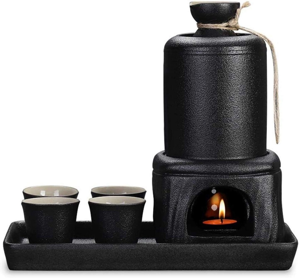 Sake Set Ceramics Sake Set Heat-Resistant Black Glaze Wine Set with Warming Bowl Hot Saki Drink Kit Traditional Porcelain Sake Set 8 Piece Mugs