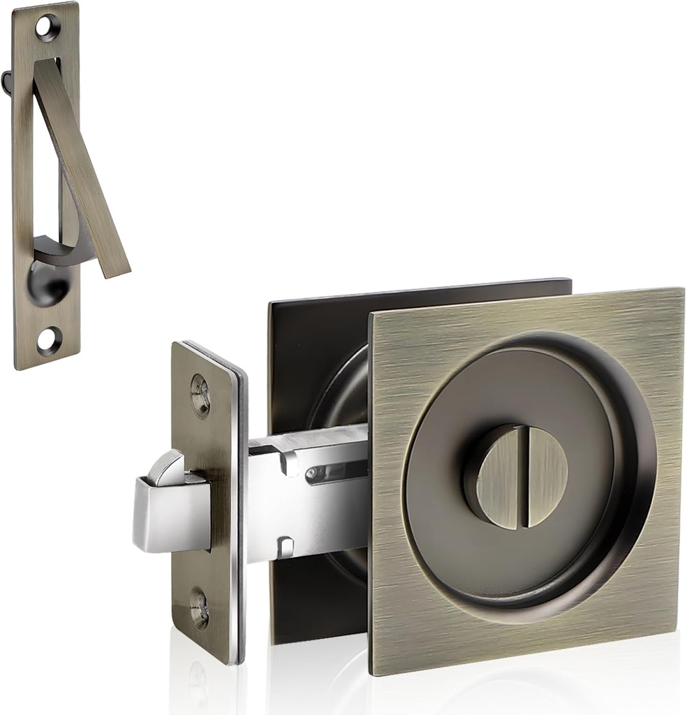 Dontay Pocket Door Privacy Lock and Pull, Stainless Steel 304 Contemporary Pocket Door Knob, Flush Door Handles, Privacy (Bed/Bath) Latch, 2-3/8" Backset, Sliding Barn Hardware (1, Antique Brass)