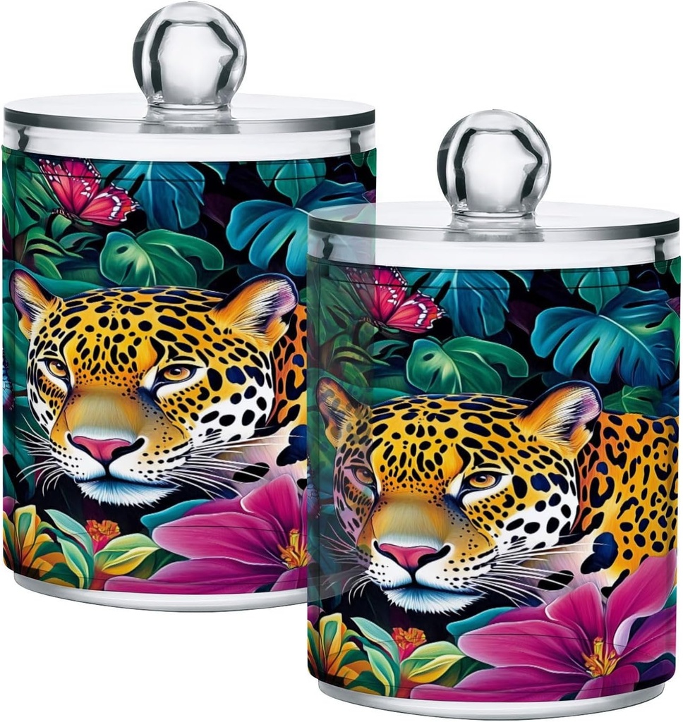 Acrylic Plastic Clear Jar with Lid, Leopard Tropical Leaf Flowers Panther Airtight Storage Jar 2 Pack Kitchen Storage Containers for Cookie Snack Candy