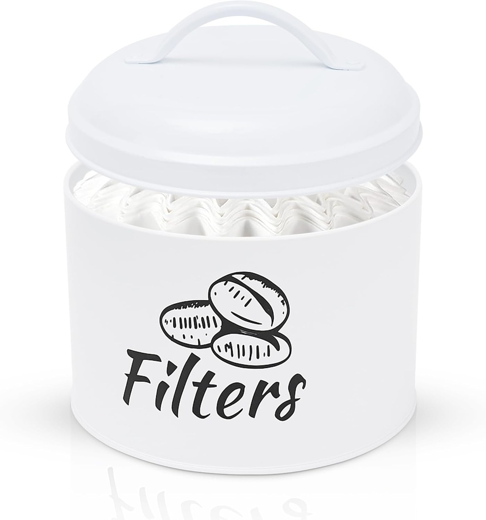 Coffee Filter Holder with Metal Lid – Coffee Filter Container for Countertop – Modern Organizer for Cone Filters – Coffe Bar Accessory for Kitchen Decor (white)