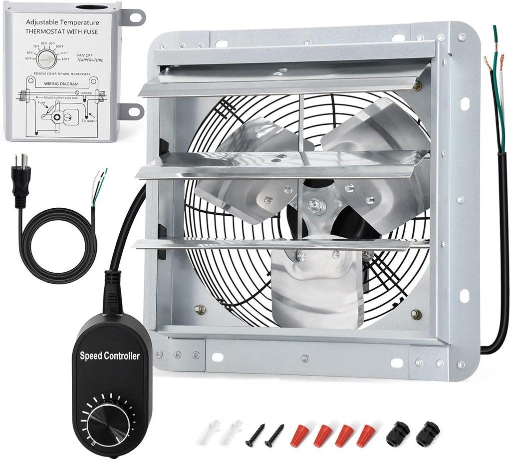 Criditpid 14 Inch Shutter Exhaust Fan, 1088 CFM Wall Mounted Attic Fan, Greenhouse Fan with Speed Controller and Thermostat for Garages, Warehouse, Shed, Basement, Chicken Coops Ventilation, 1450 RPM