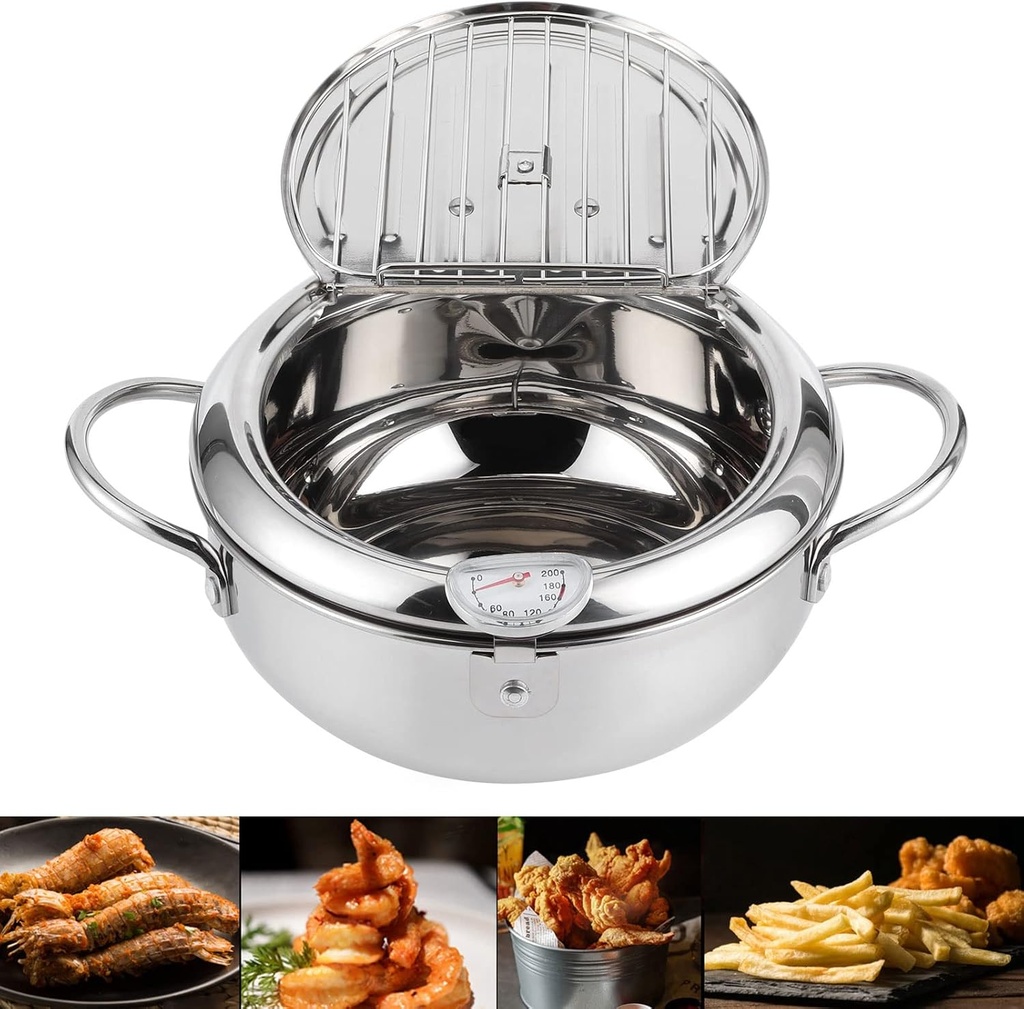 Japanese Stainless Steel Deep Fryer Pot with Thermometer, 2.2L/3.2L Capacity, with Cold Touch Handle, Oil Level Reminder, Detachable Wire Rack, for Frying (L Size 24cm /