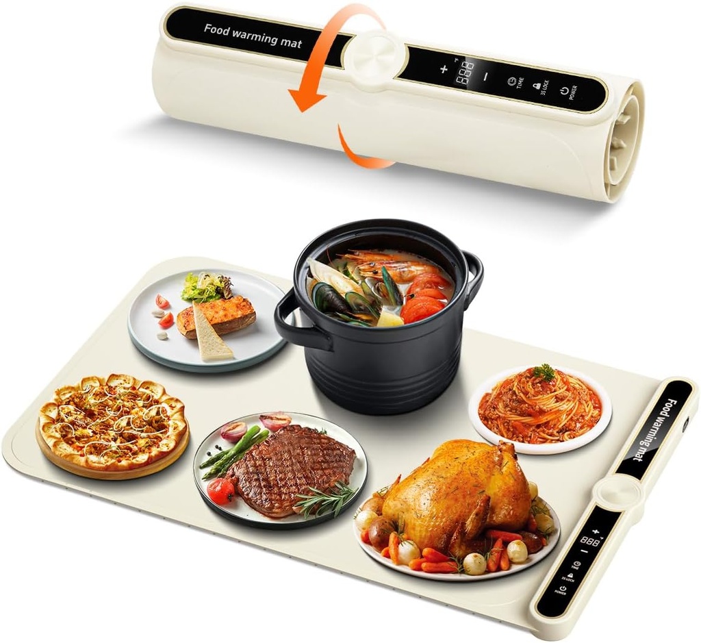 Vieshsful Warming Mat for Food, Electric Warming Tray, Full Surface Silicone Heating Food Warmer, 9 Temperature Adjustable & 1-6 hrs Timer Settings,for Parties, Gatherings, Home Buffets, Beige
