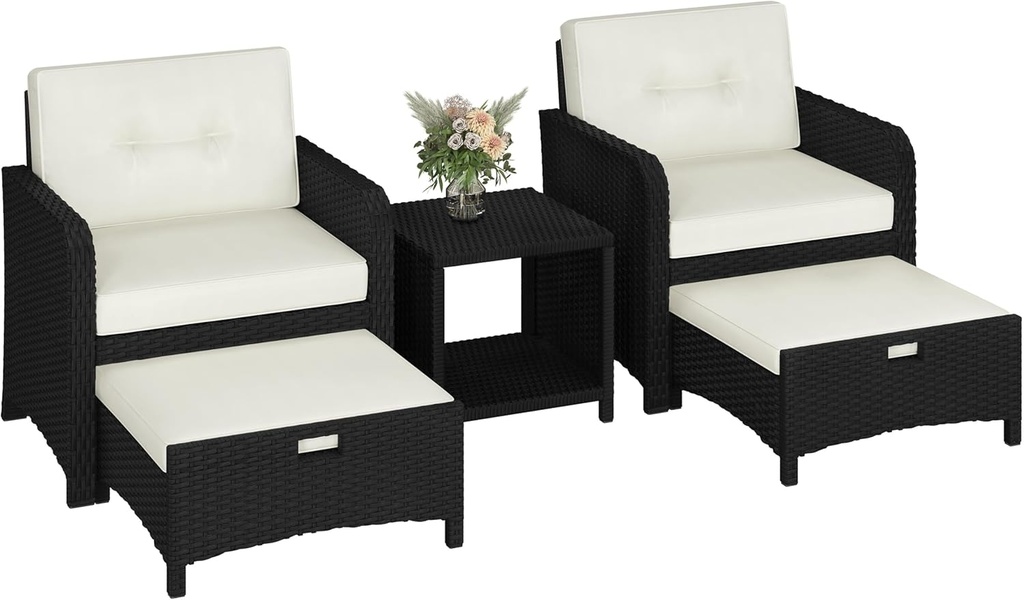 Yaheetech 5 Piece Patio Conversation Set with Ottomans, PE Wicker Balcony Furniture, Rattan Lounge Sofa with Cushions & Pillows, 2 Chairs & Side Table for Backyard, Porch, Garden, Black/Beige