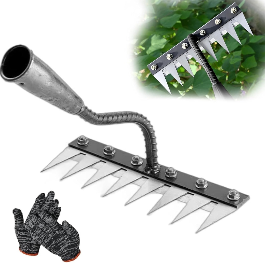 2025 Iron Weeding Rake 2.0, Iron Rake for Gardening and Weedings, Heavy Duty Gardening Hand Weed Puller Tools, 8 Teeth Carbon Steel Garden Weedings Rakes for Lawn Care – Bonus Gloves Included