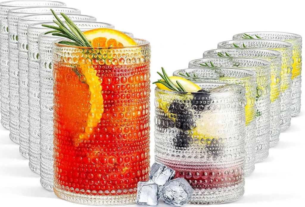 Khen Vintage Hobnail Drinking Glasses Set of 12, 13oz Highball Glasses & 10 oz Lowball Tumblers, Kitchen Water Glasses Cup, Bar Water, Juice, Cocktails Beer, Milk Indoor/Outdoor Bar & Party Drinkware