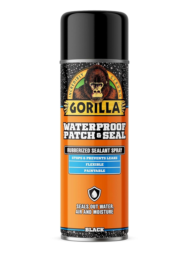 Gorilla Waterproof Patch & Seal Rubberized Sealant Spray, Black, 16 Ounce (Pack of 1) - Seals Out Water, Air, and Moisture
