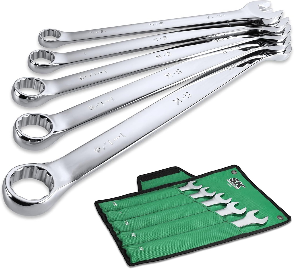 SK Long Pattern Combination Wrench Set, SAE 15/16" to 1-1/4", 5-Piece, SuperKrome Finish, Premium CR-V Construction, with Rolling Pouch