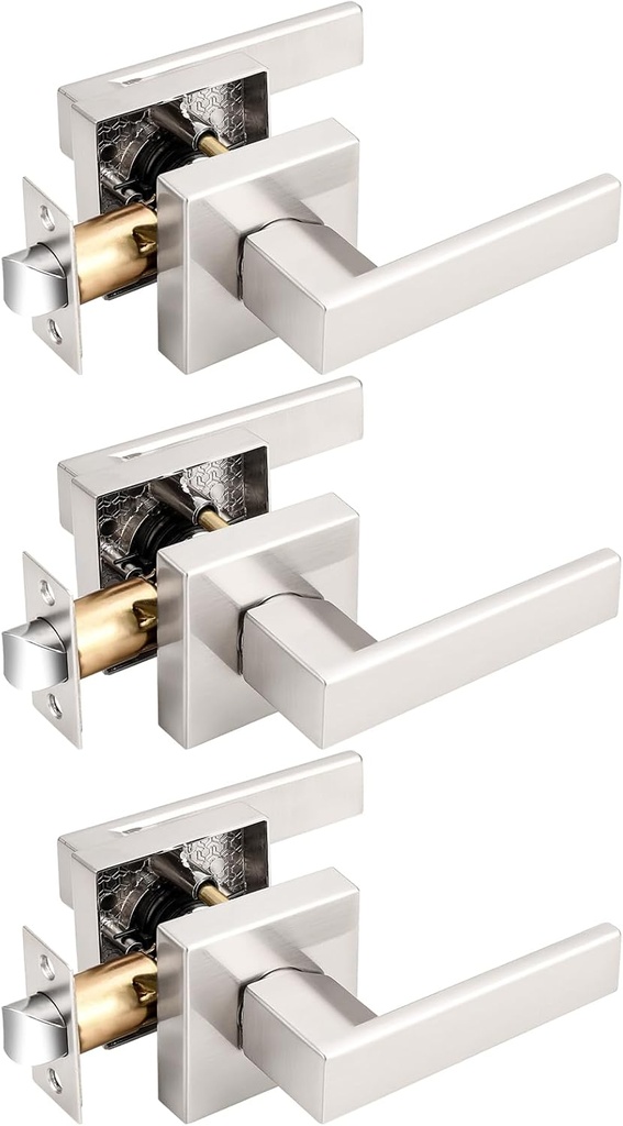Probrico Heavy Duty Square Passage Door Levers Set for Hall or Closet, Satin Nickel Interior Door Handles, 3 Pack