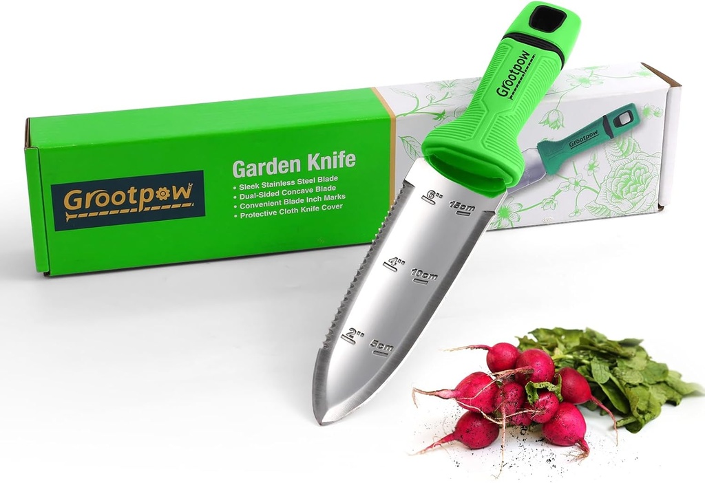 Grootpow GK01 Hori Hori Garden Knife, Full Tang Gardening Knife with 7.1" Stainless Steel Double-Edged Blade, Heavy Duty Gardening Hand Tool for Weeding and Gardening with Oxford Sheath - in Gift Box
