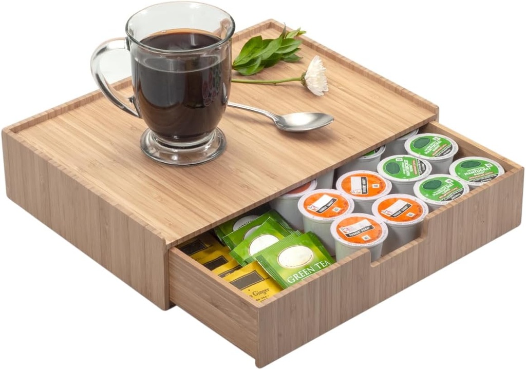 Bamboo Drawer Organizer to hold Single-serve coffee pods, Coffee, Tea, & Espresso Pods, Condiments and Accessories, Perfect for Kitchens & Office Break Rooms