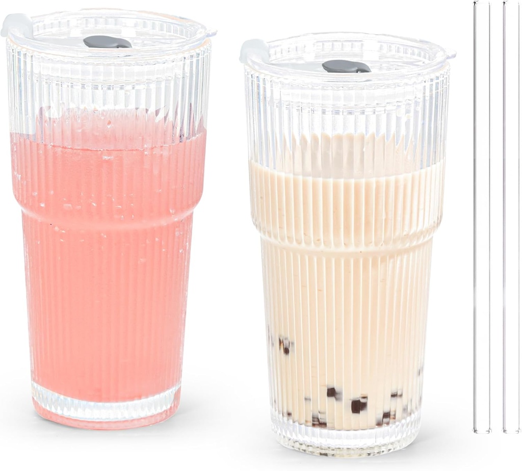 20oz Drinking Glass Set of 2 with Straw Lid Ribbed Iced Coffee Tumbler Vintage Glass Cup for Tea Juice Soda Smoothie(Ribbed A*2 with Lid)