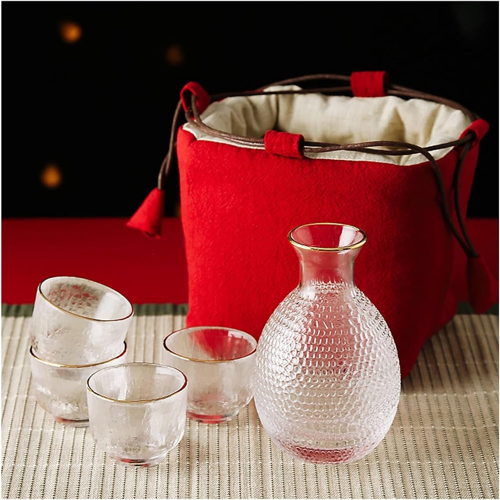 Sake Set Japanese with Storage Bag, Glass Sake Pot Sake Cup Transparent Modern Used for Home Party and Great Gifts 4 Sake Cups +1Sake Pot,Red