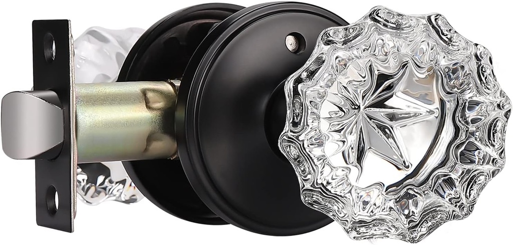 KNOBWELL Glass Door Knobs in Matte Black Finish, Interior Crystal Door Knob for Bedroom Bathroom, Keyless Privacy Door Knob with Lock, 2 Pack