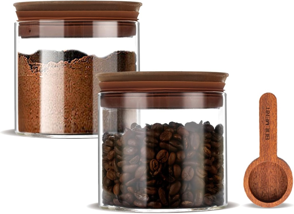 17 oz Coffee Canister with Scoop and Wooden Lids, Airtight Glass Coffee Beans Storage Container Sets of 2 for Ground Coffee,Food Storge Jars for Ground Coffee Bar Cereal Snack