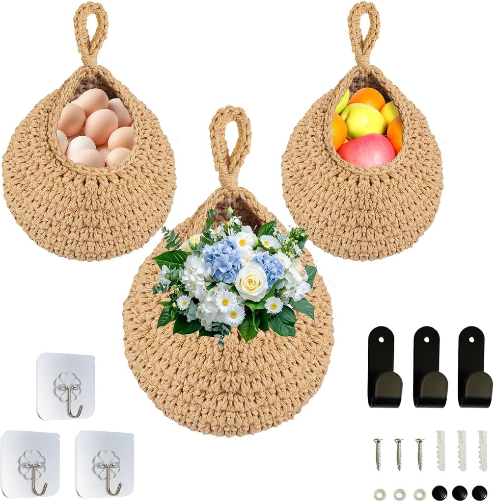 Small Boho Wall Hanging Fruit Baskets for Kitchen,Macrame Woven Storage Organizer, Decorative Hanging Produce Holder for Fruits/Vegetables, Space-Saving Boho Home Decor, Easy to Install(brown).