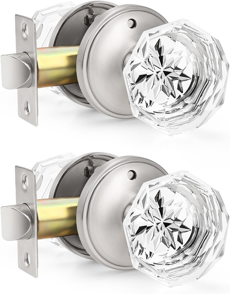 Orger 2 Pack Privacy Door Knobs, Clear Glass Door Handles, Satin Nickel Finish with Zinc Alloy Round Rosette, Crystal Interior Door Handles for Bed/Bathroom