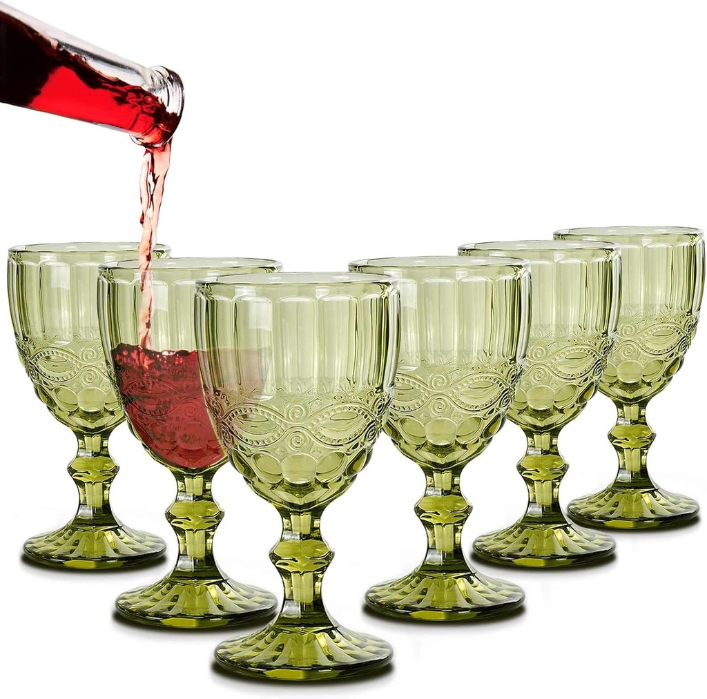 Vintage Colored Green Wine Glass Goblets Glassware Set of 6, 10 OZ Unique RetroWave Textured Drinking Glasses for Wedding Party, Colorful Water Goblets Drinkware for Wine Juice