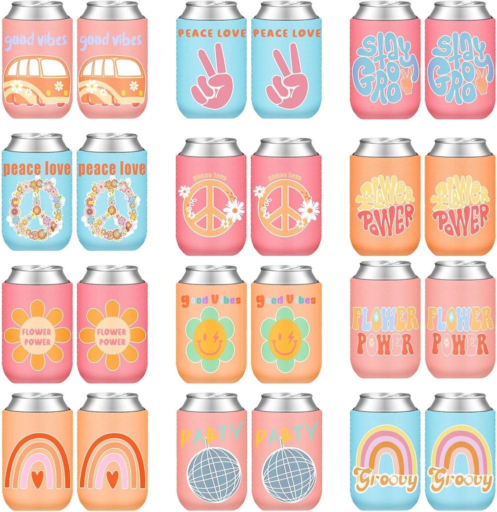 Zhehao 24 Pcs Retro Bachelorette Party Can Coolers Groovy Party Favors Beverage Sleeves Insulated Cooler for Birthday Bridal Shower 70s Disco Decorations Hippies Groovy Supplies, 12 Styles