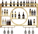 Modern Wine Rack Wall Mounted with LED Light,Floating Bar Shelves,Iron Wine Shelf with Wine Glass Holder,Liquor Bottle Display Shelf,Wine Storage Racks,for Kitchen Wine Cellar,Blac