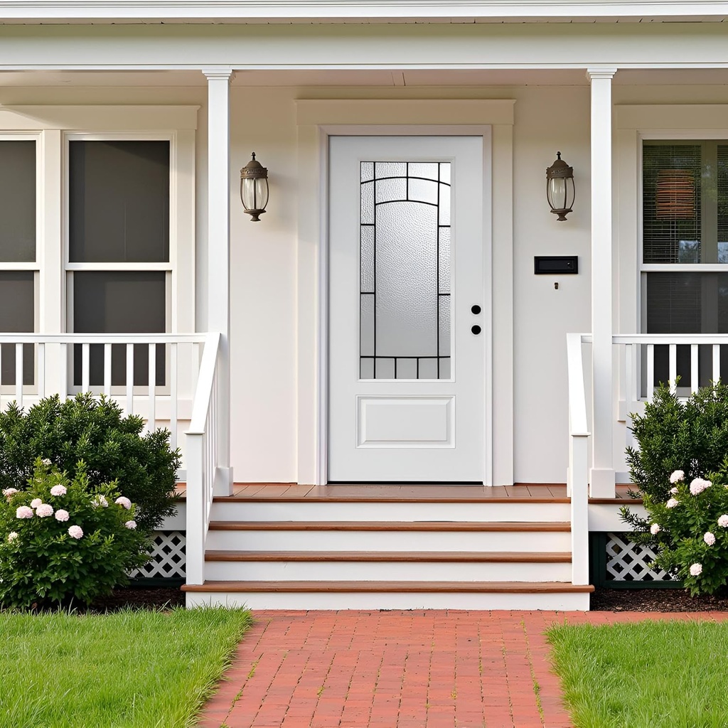 36 x 80 Smooth Fiberglass Entry Door with Brickmould,3/4 View Frosted Glass, Classic Style Exterior Door for Home's Front Entrance, Vinyl Frame, Left Hand Inswing,White Primed Knock-Down Door