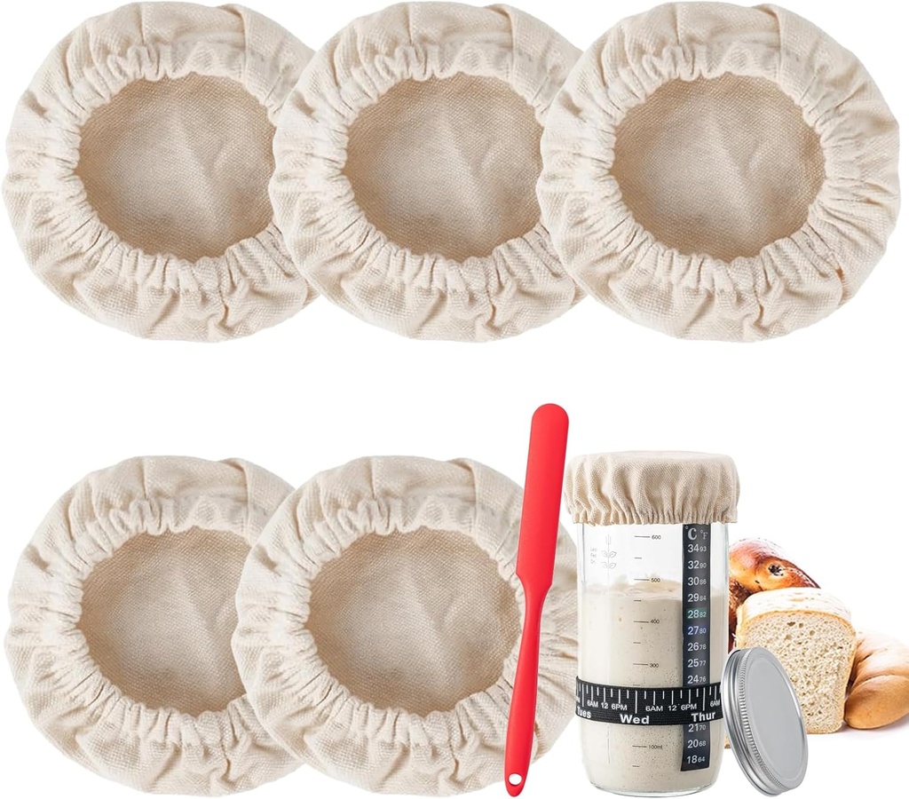 Sourdough Jar Cover, Reusable Sourdough Cloth Cover, 5pc Handmade Cotton Cloth Covers for Sourdough Starter Jar Sourdough Bread Baking Supplies Fit Jars Mouth from 3-4 Inch