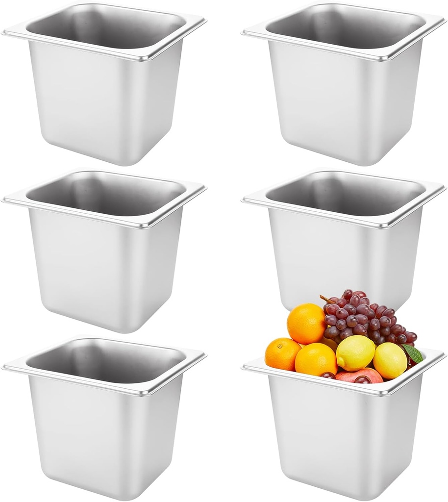 LANIAKEA 6PCS Hotel Pans Stainless Steel Steam Table Pan Restaurant Supplies 1/6 Size 6" Deep Stainless Steam Table Pans, Hotel Pan Trays for Food, Party Catering Supplies