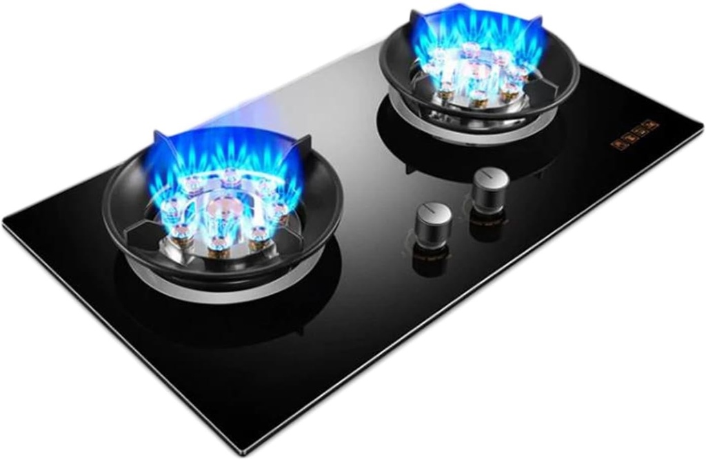 Portable Gas Stove 2 Burner,Kitchen Counter Top Stove,5.2KW Nine-Cavity High-fire,Tempered Glass Cast Iron Pot Rack,with Flameout Protection,for Home Kitchen Motor Home Camp(NG)