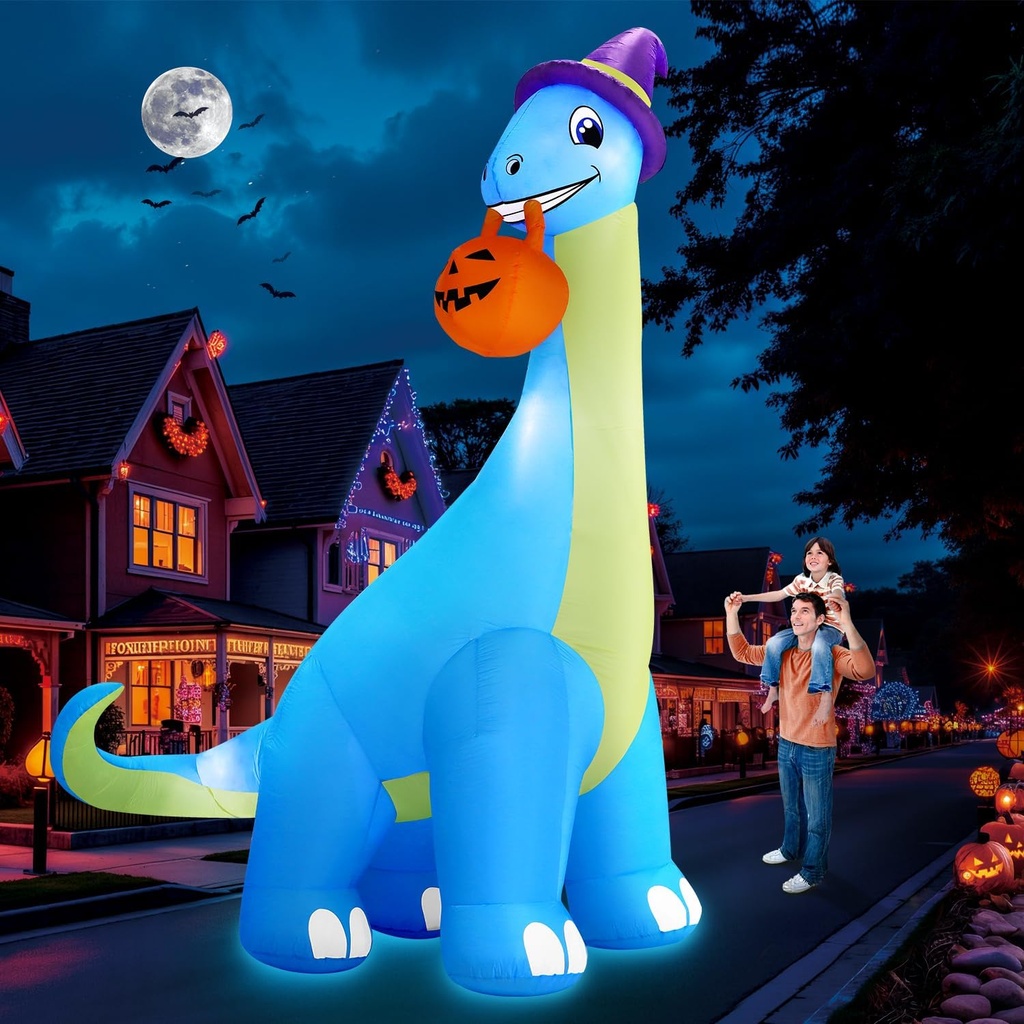 12Ft Giant Halloween Inflatable Decorations Dinosaur, Build-in LEDs & Strong Blower Bite Huge Pumpkin with Witch Hat Large Blow Up Halloween Yard Outdoor Indoor Holiday Party