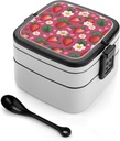 Pink Strawberry Bento Box - Double Layer, Leakproof Food Containers with Partition & Spoon, Stackable Lunch Box for Office, Travel, Camping