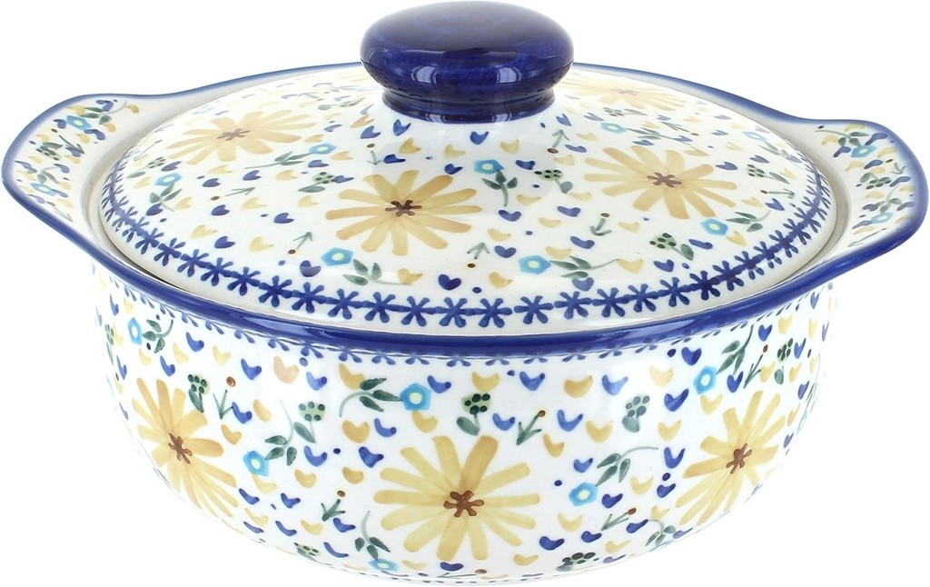 Blue Rose Polish Pottery Yellow Daisy Round Covered Baker