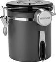 HAIOOU Airtight Coffee Canister, 16OZ Small Stainless Steel Coffee Bean Storage Container with Date Tracker, Measuring Scoop, CO2 Releasing Valves and Mini Tongs for Beans, Grounds and more - Gray