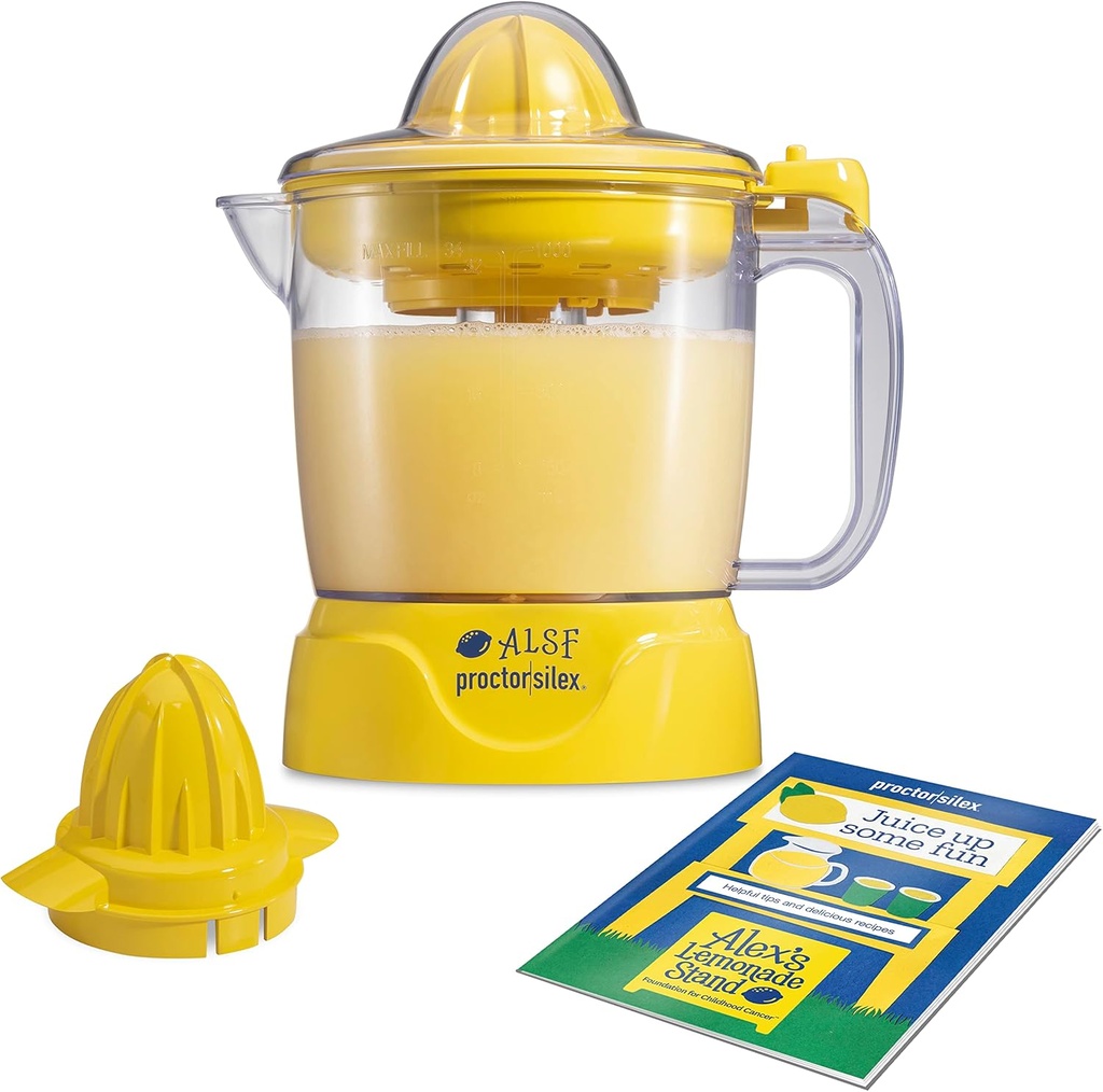 Proctor Silex Alex's Lemonade Stand Electric Citrus Juicer Machine, Large 34 oz. Pitcher, Pressure Activated, for Lemons, Limes and Oranges, 34 oz, Includes 2 Reamers & Recipe Book, Yellow (66341)