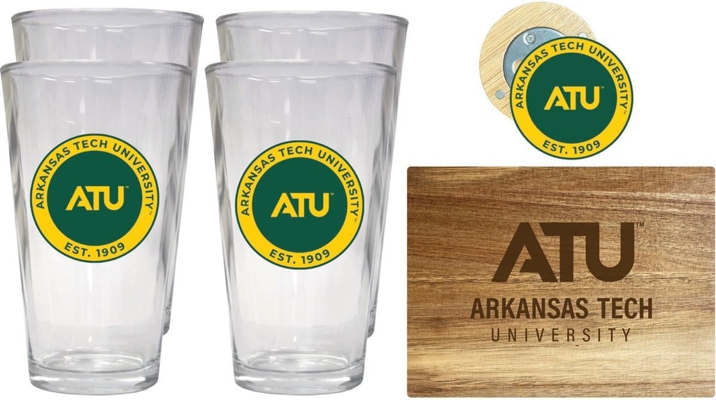 R and R Imports Arkansas Tech University Officially Licensed Kitchen Pack - Wood Cutting Board, 4 Pint Glasses & Magnetic Bottle Opener