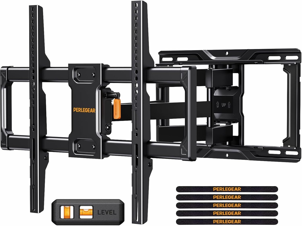 Perlegear Full Motion TV Wall Mount for Most 42–84 inch Flat Curved TVs up to 132 lbs, 12″/16″ Wood Studs, Bracket with Articulating Arms, Swivel, Tool-Free Tilt, Max VESA 600x400mm PGLF12